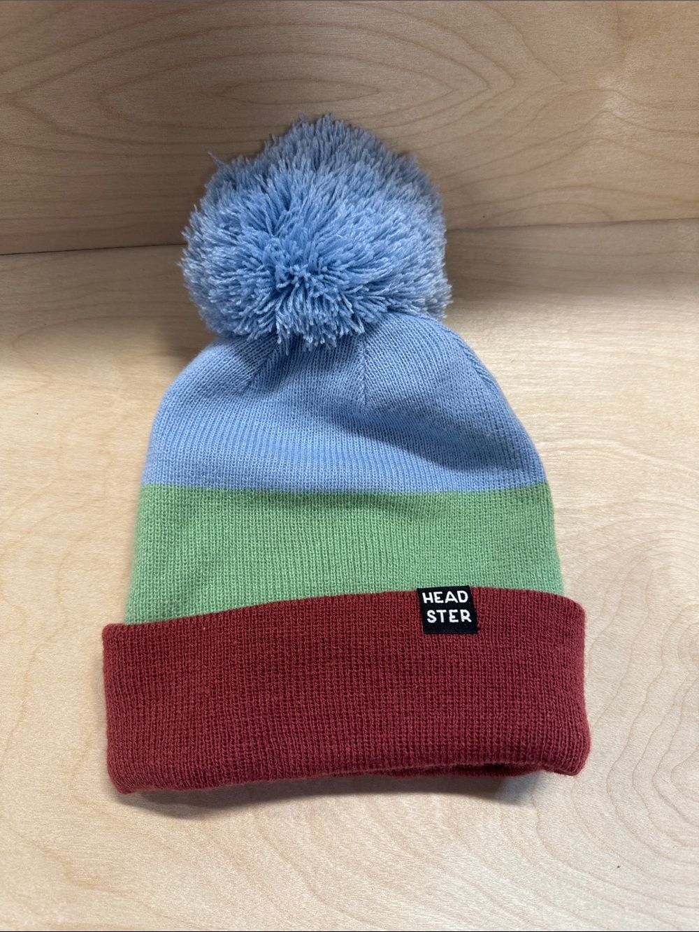Headster Colorblock Pom Beanie - Light Blue, Green & Red xS